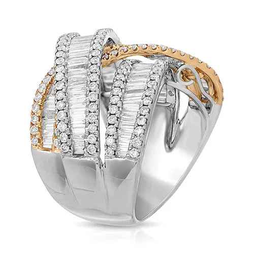 2.91 Carat of Baguette and Round Diamond Multi-Row Crossover Ring in White and Yellow 14k Gold