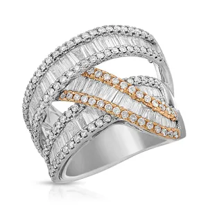 2.91 Carat of Baguette and Round Diamond Multi-Row Crossover Ring in White and Yellow 14k Gold