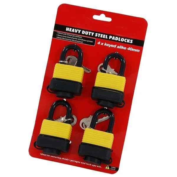 4 X Heavy Duty 40Mm Keyed Alike Steel Padlocks Water Resistant Plastic Covered