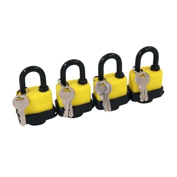 4 X Heavy Duty 40Mm Keyed Alike Steel Padlocks Water Resistant Plastic Covered