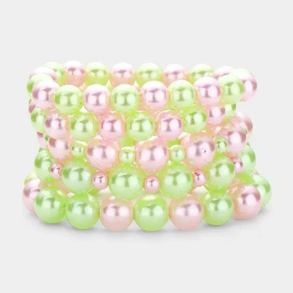 5 Piece Pink & Green Pearl Stretch Layered Bracelets