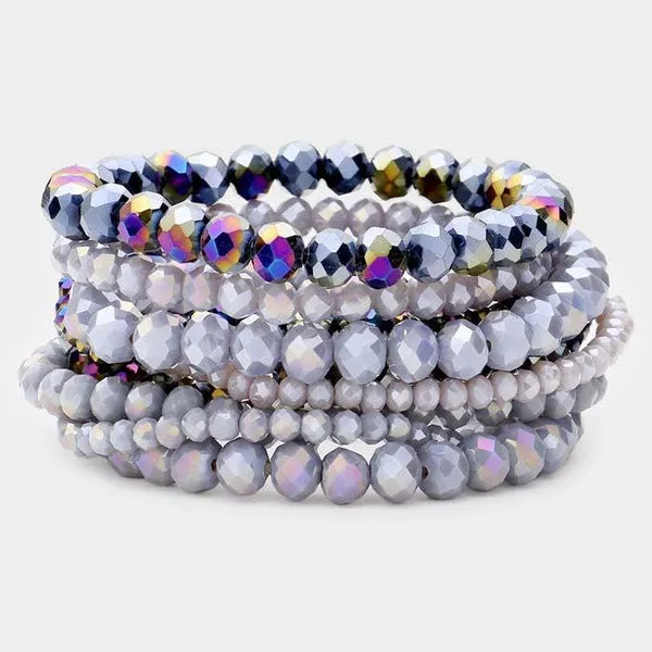 9PCS - Gray Faceted Bead Stretch Bracelets