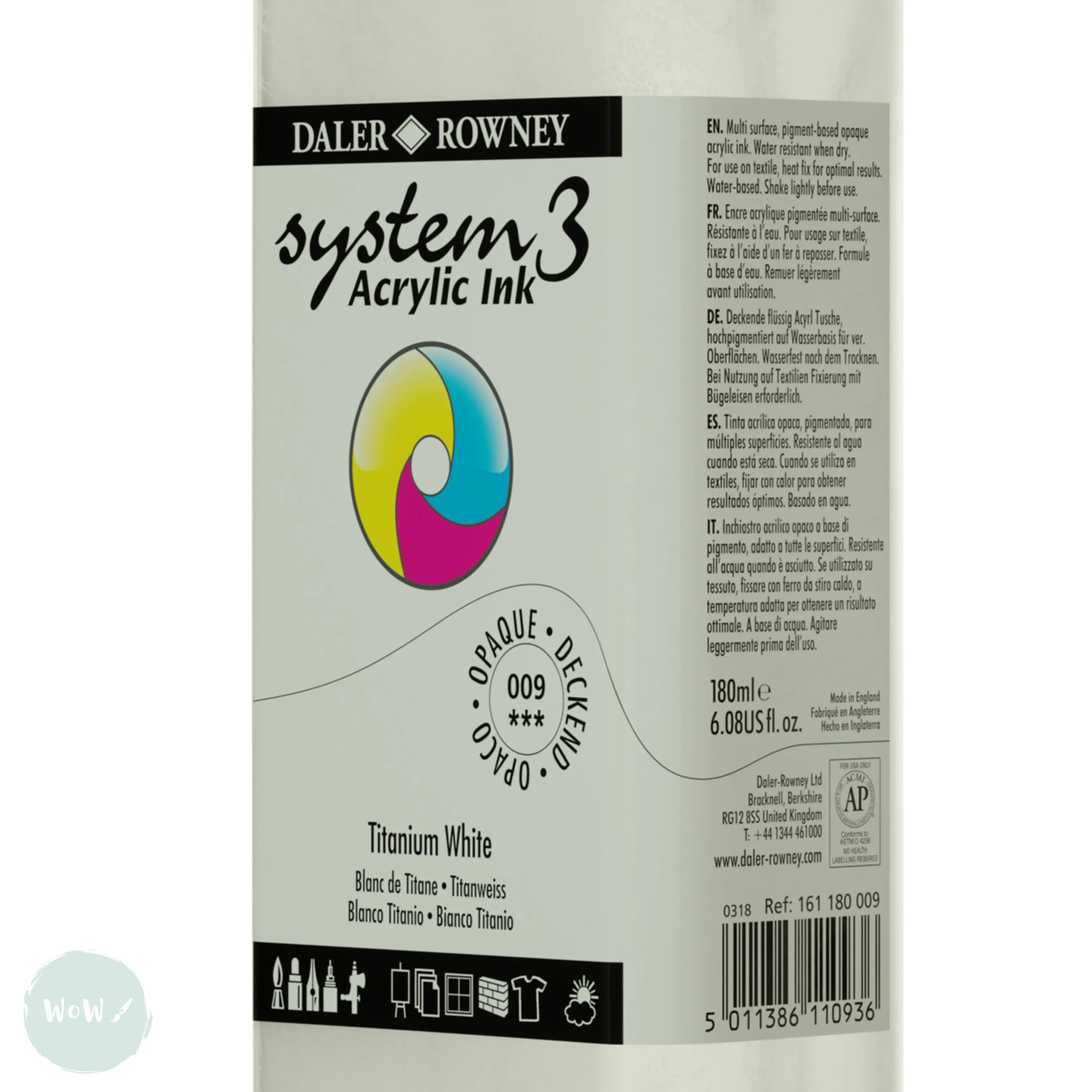 ACRYLIC INK - OPAQUE - Daler Rowney - SYSTEM 3 - 180ml Pipette Bottle -  TITANIUM WHITE
