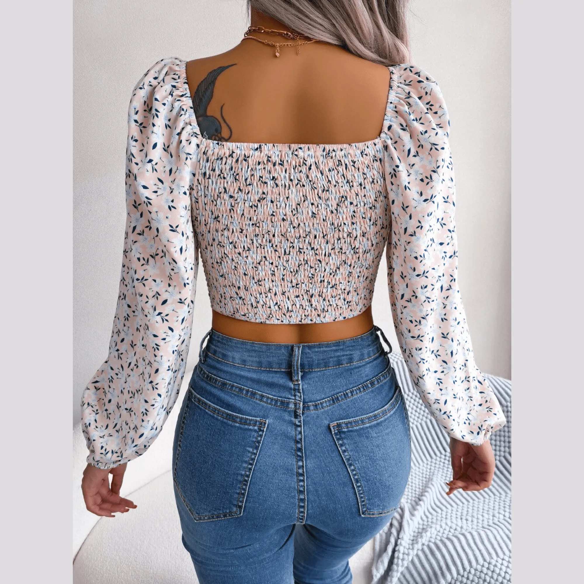 Anita - Pink Floral Print Chiffon Crop Top