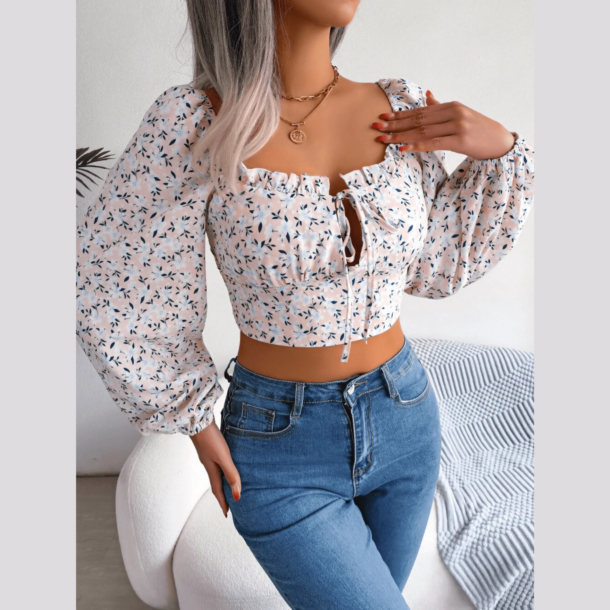 Anita - Pink Floral Print Chiffon Crop Top