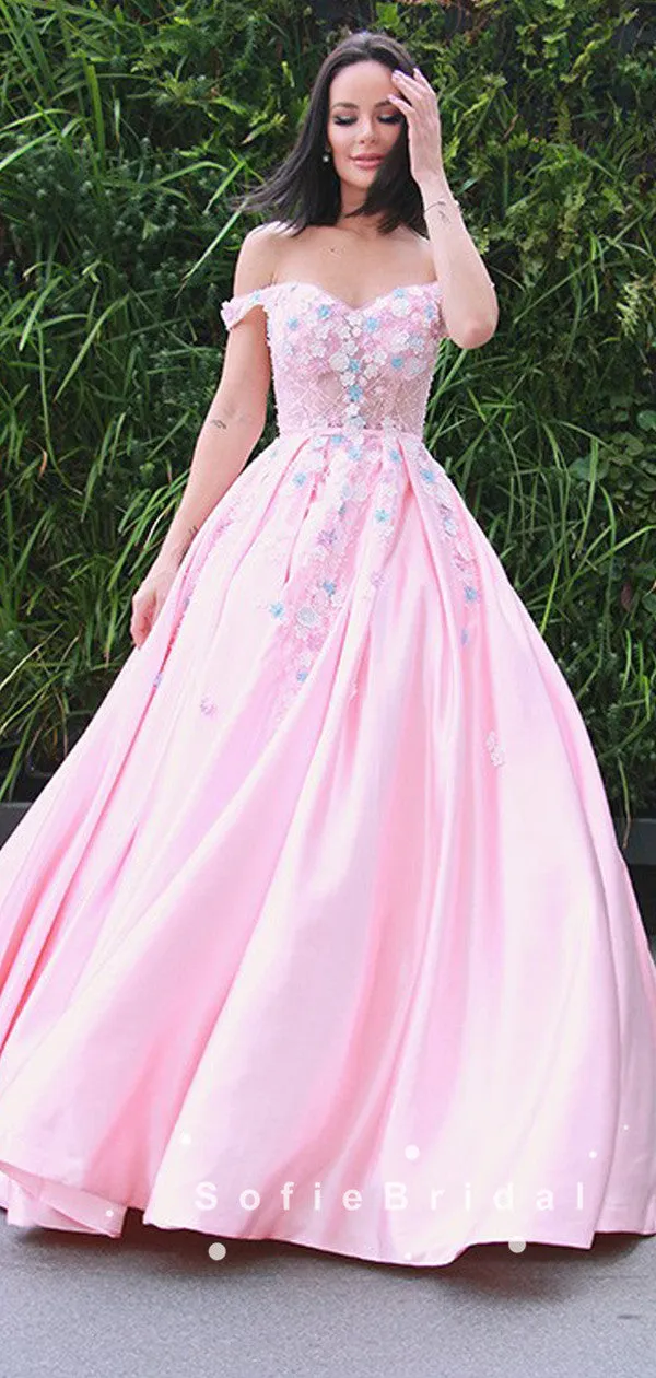 Ball Gown Off The Shoulder Pink Floor Length Prom Dresses With Appliques,SFPD0053