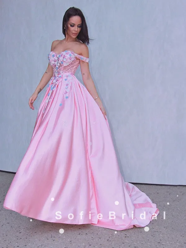 Ball Gown Off The Shoulder Pink Floor Length Prom Dresses With Appliques,SFPD0053