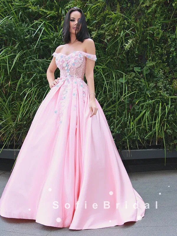 Ball Gown Off The Shoulder Pink Floor Length Prom Dresses With Appliques,SFPD0053