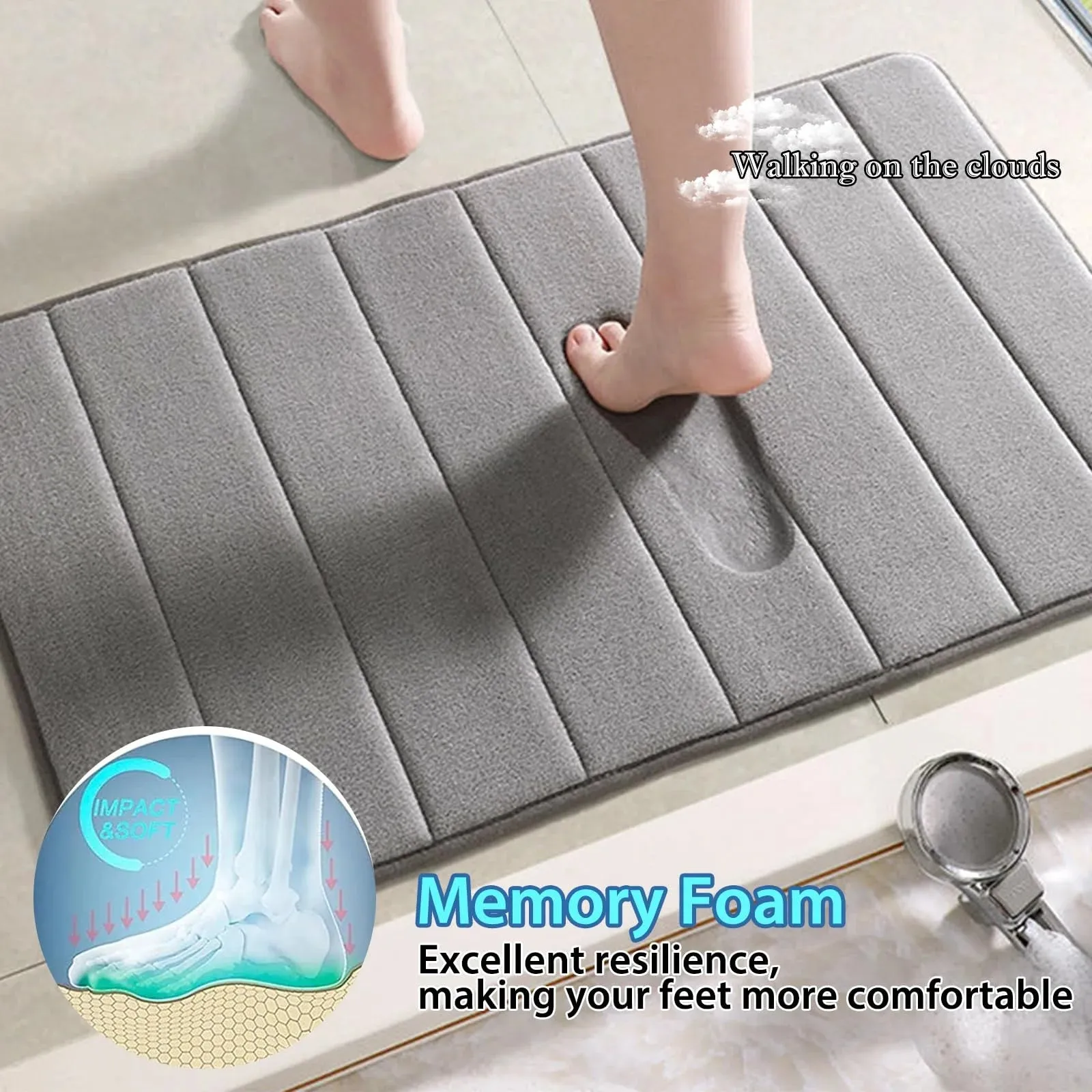 Bathroom Mat Set 3 Pcs Memory Foam Absorbent & Non-Slip Gray 44.1 "X24"  31.5 "X19.8"