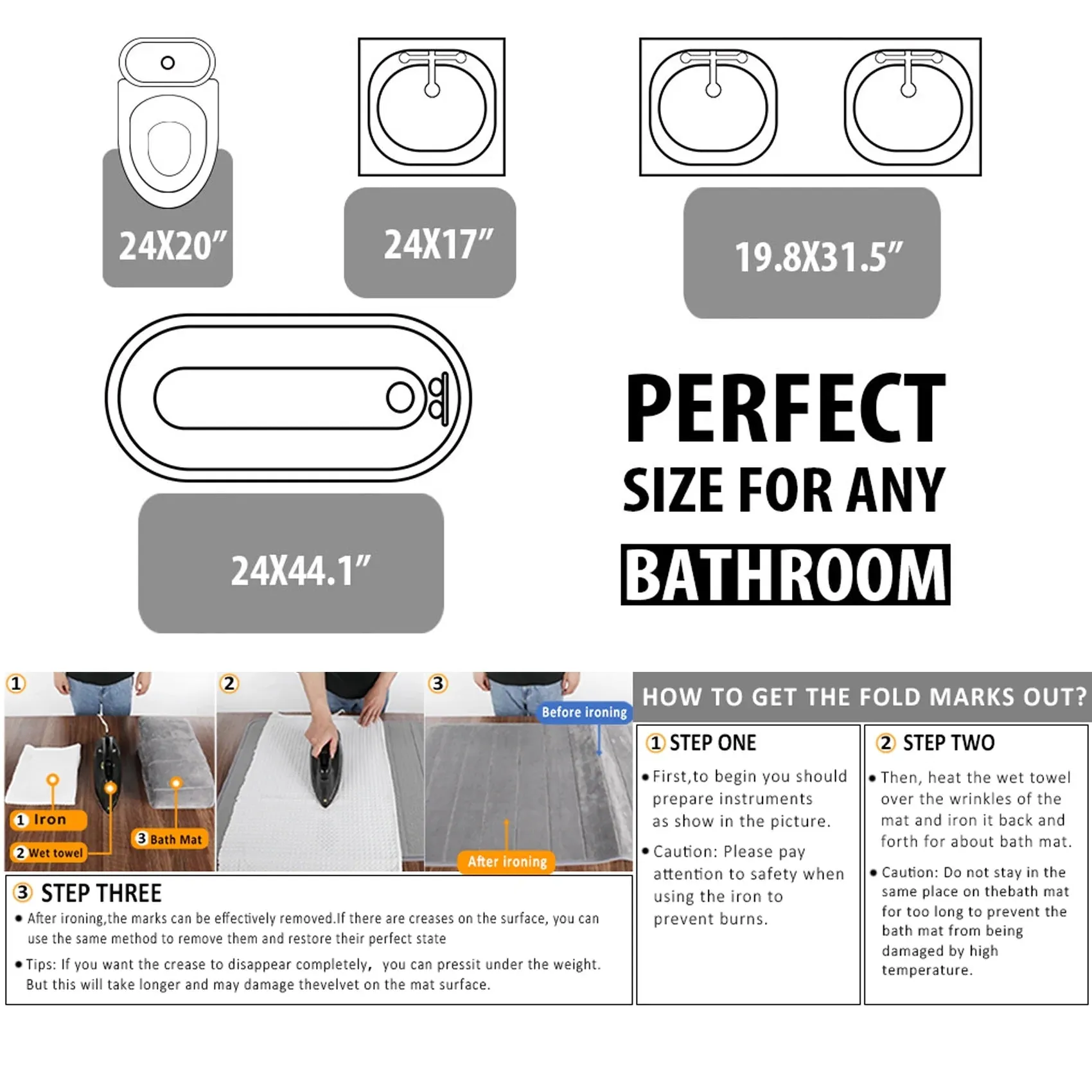 Bathroom Mat Set 3 Pcs Memory Foam Absorbent & Non-Slip Gray 44.1 "X24"  31.5 "X19.8"