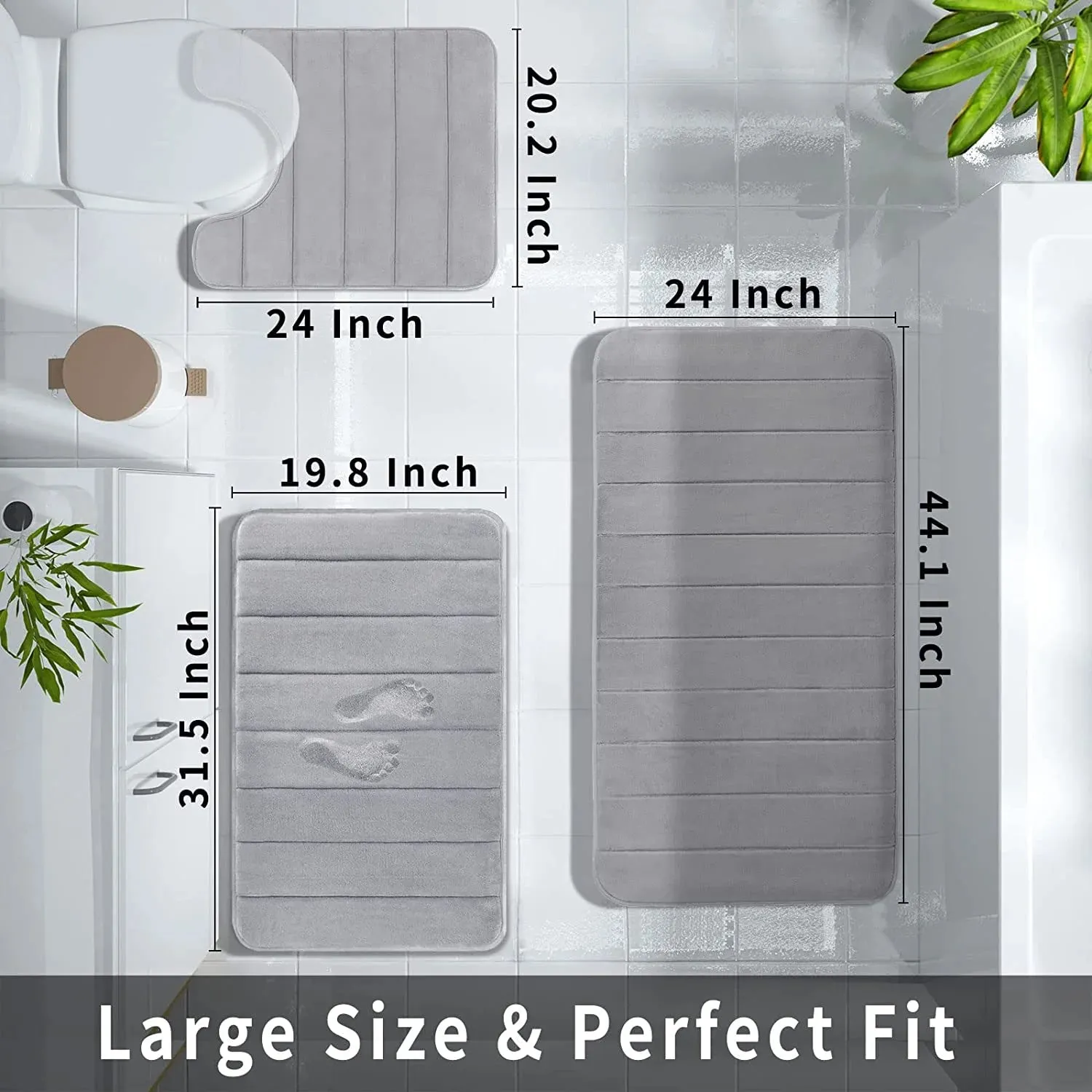 Bathroom Mat Set 3 Pcs Memory Foam Absorbent & Non-Slip Gray 44.1 "X24"  31.5 "X19.8"