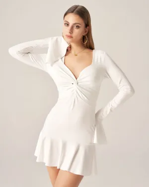 Bettydress-White Ruffle Twist Mini Dress