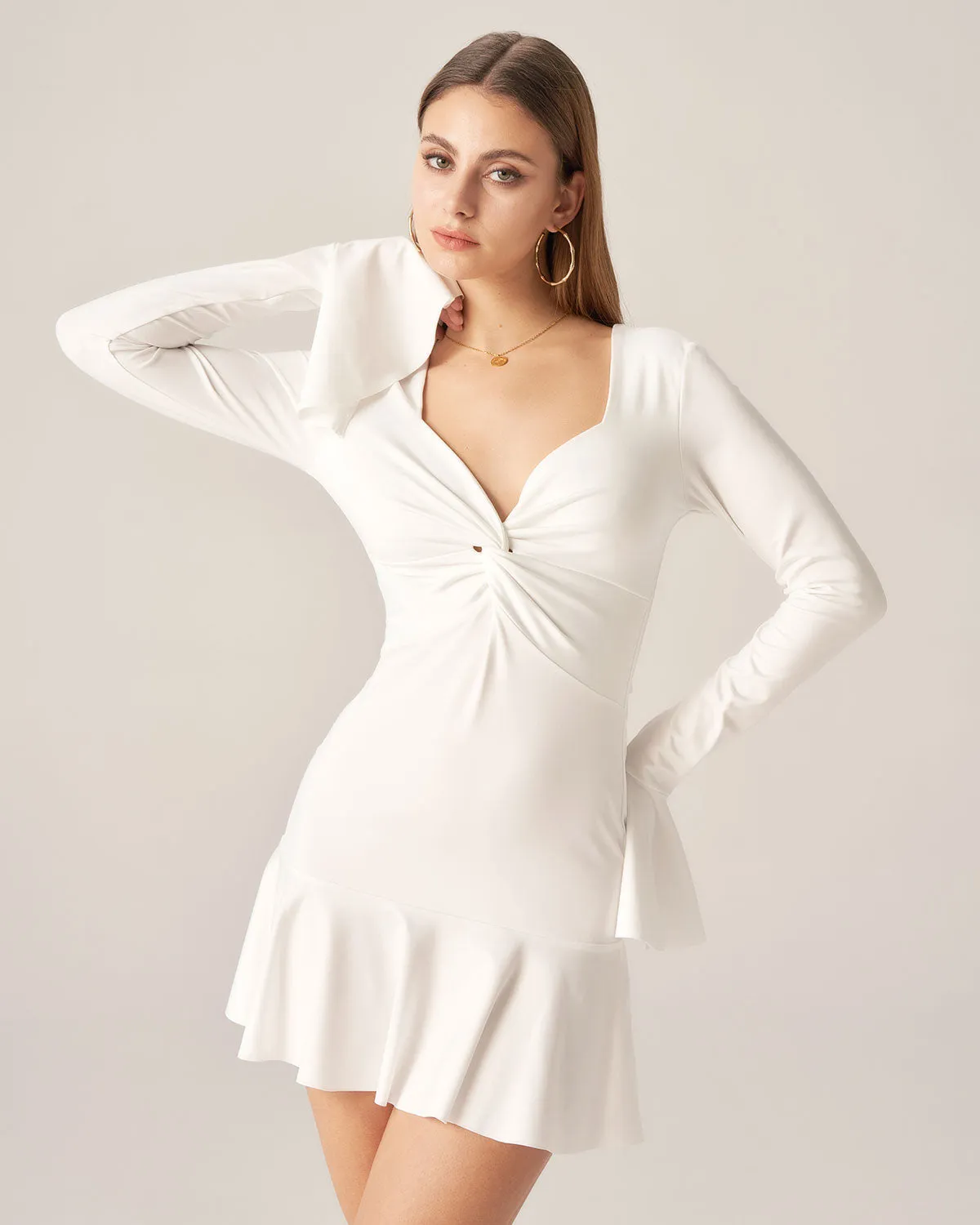 Bettydress-White Ruffle Twist Mini Dress