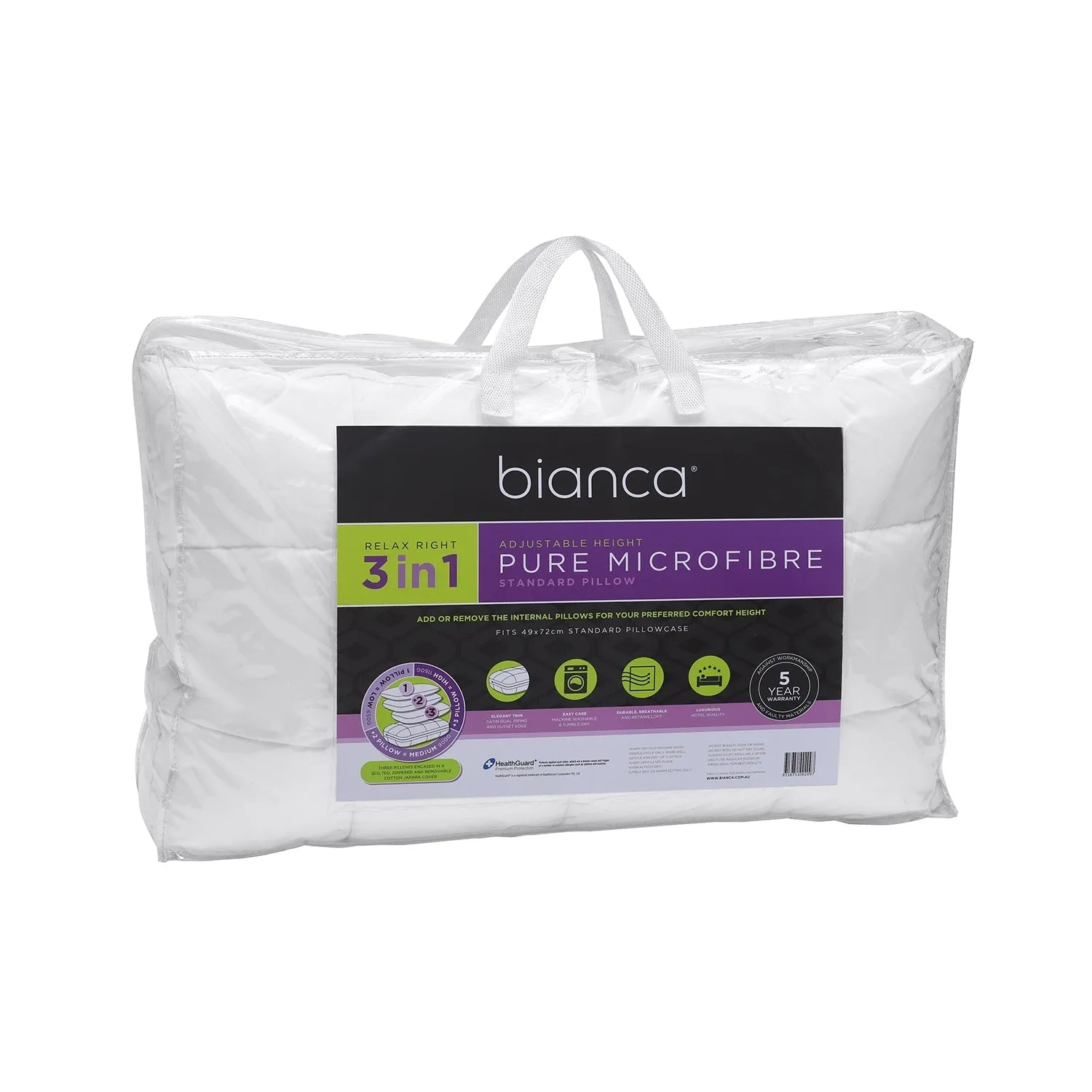 Bianca Bedding RELAX RIGHT PURE MICROFIBRE PILLOW 3 IN 1 ADJUSTABLE HEIGHT 1150G