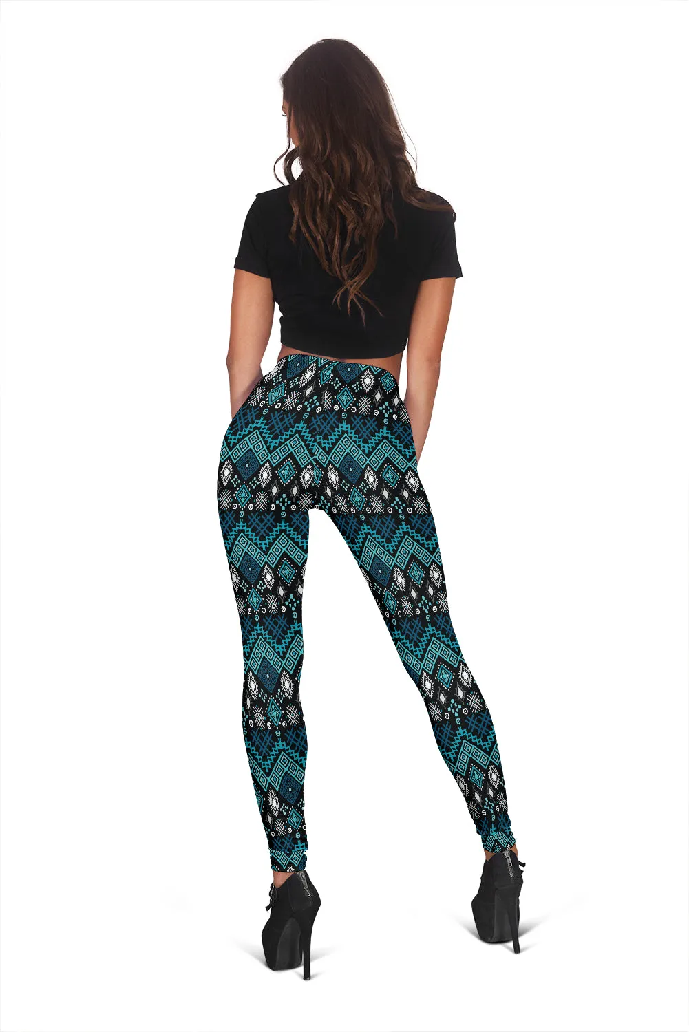 Black and Teal Blue Ethnic Pattern Leggings