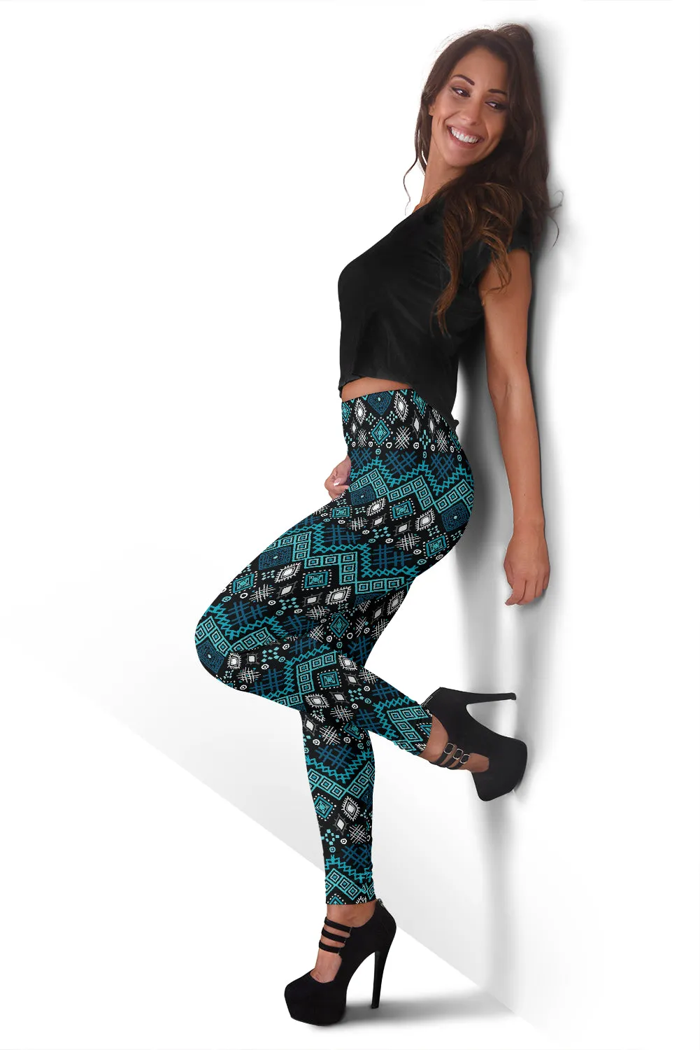 Black and Teal Blue Ethnic Pattern Leggings