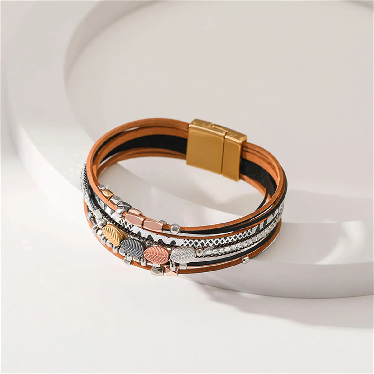 Black Polystyrene & 18K Gold-Plated Cubic Zirconia-Accent Leaves Layered Bracelet