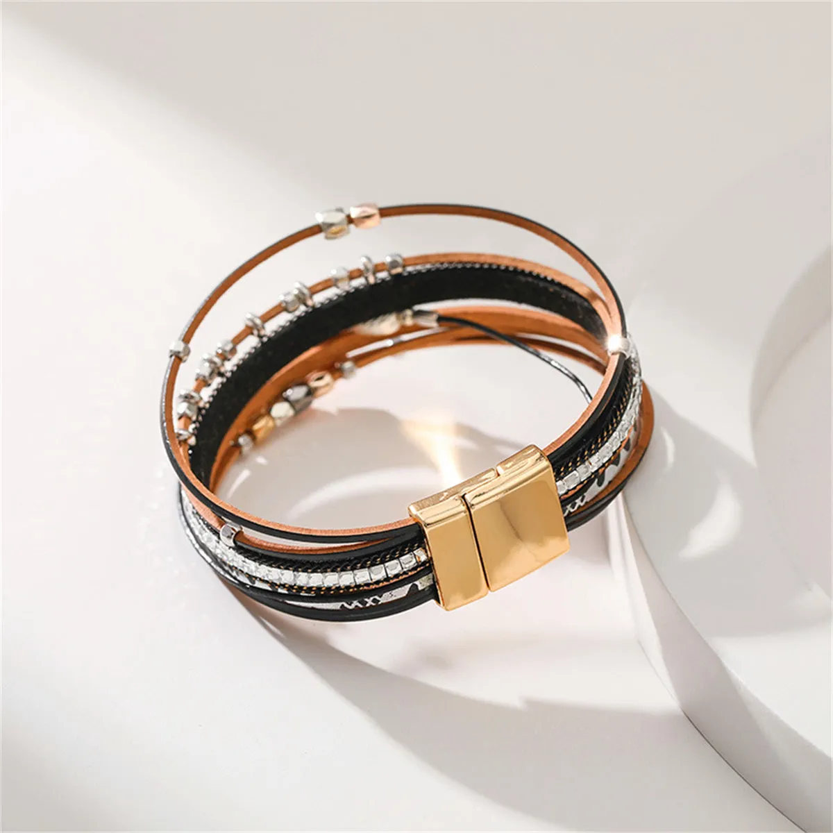 Black Polystyrene & 18K Gold-Plated Cubic Zirconia-Accent Leaves Layered Bracelet