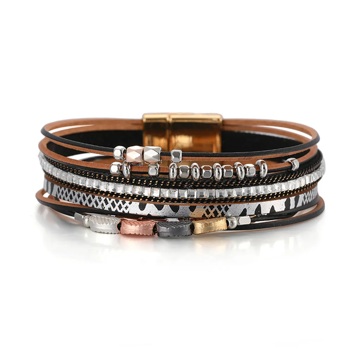 Black Polystyrene & 18K Gold-Plated Cubic Zirconia-Accent Leaves Layered Bracelet
