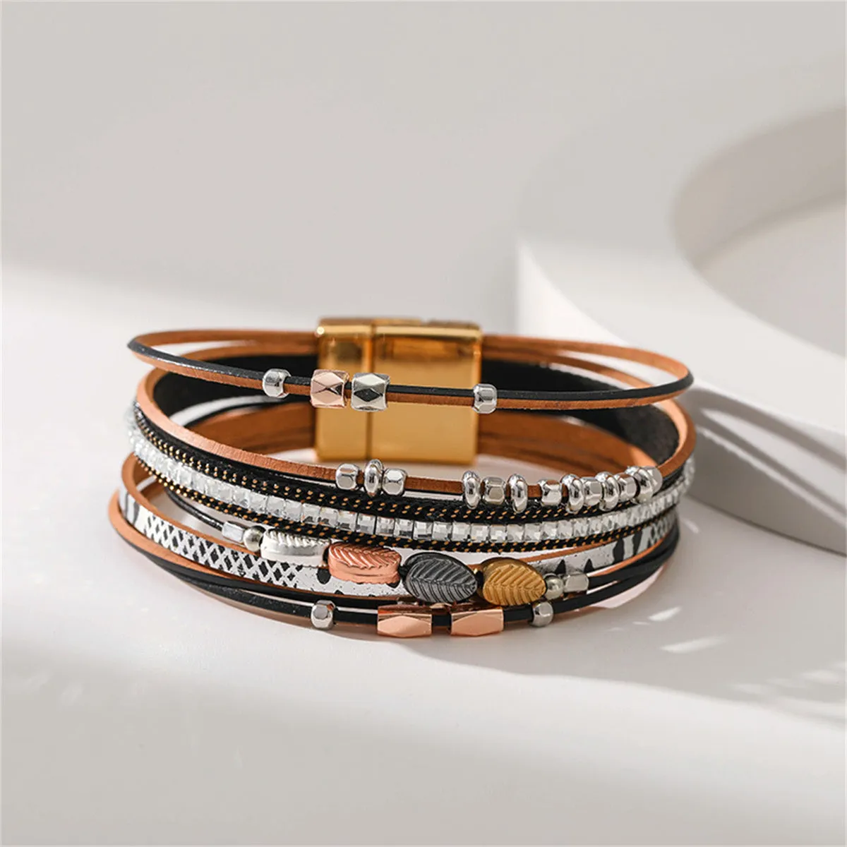 Black Polystyrene & 18K Gold-Plated Cubic Zirconia-Accent Leaves Layered Bracelet
