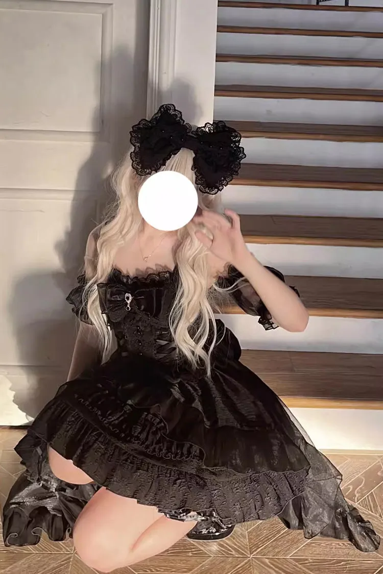 Black Sleeveless Multi-layer Ruffle Bowknot Gothic Lolita Jsk Dress