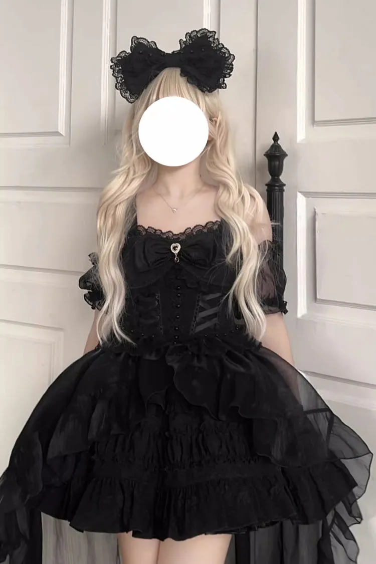 Black Sleeveless Multi-layer Ruffle Bowknot Gothic Lolita Jsk Dress