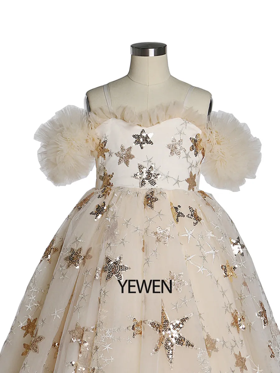 Champagne Star Tulle Flower Girls Dresses for Weddings Birthday Party Princess Children Photo Shoot Dress YEWEN