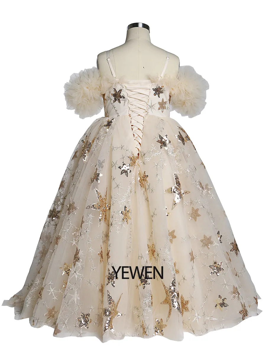 Champagne Star Tulle Flower Girls Dresses for Weddings Birthday Party Princess Children Photo Shoot Dress YEWEN