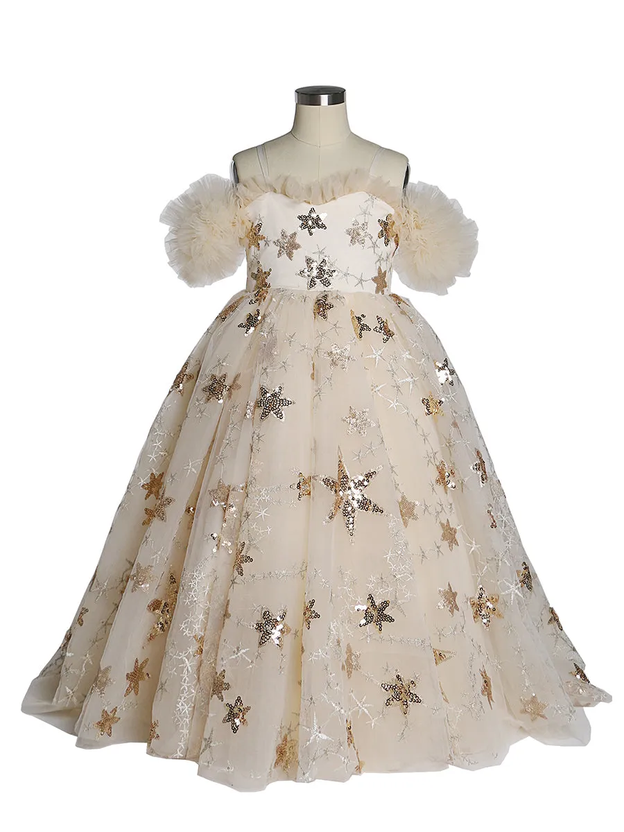 Champagne Star Tulle Flower Girls Dresses for Weddings Birthday Party Princess Children Photo Shoot Dress YEWEN
