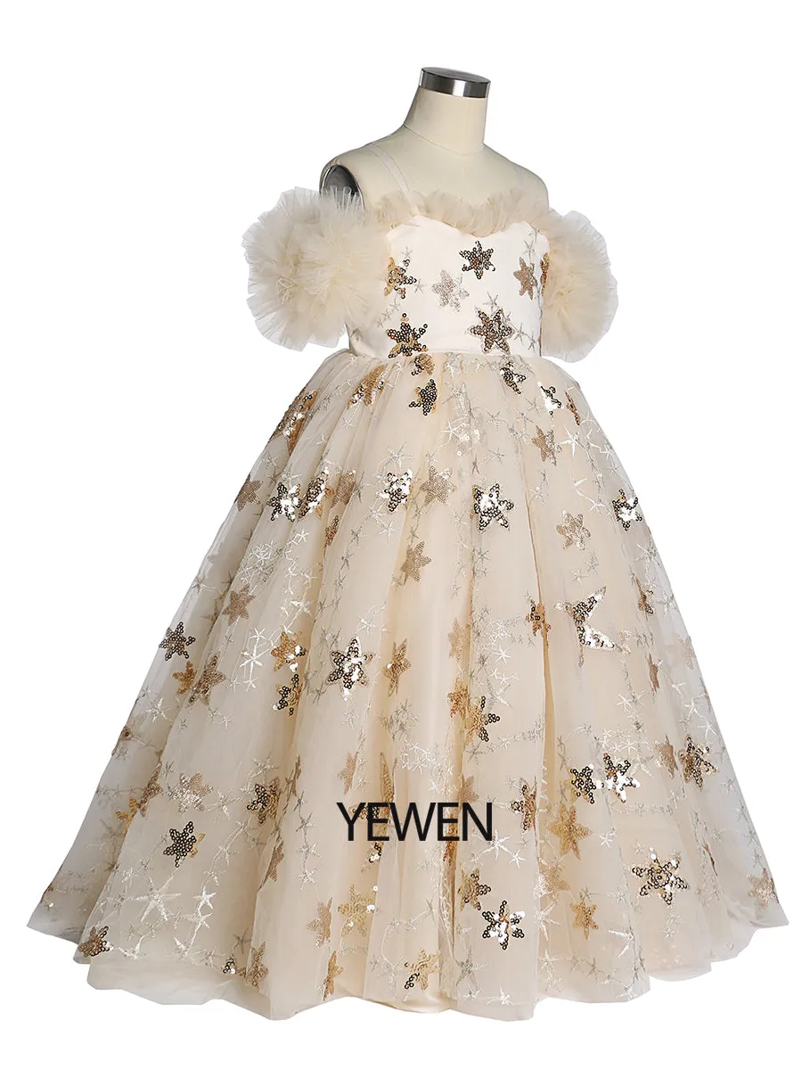 Champagne Star Tulle Flower Girls Dresses for Weddings Birthday Party Princess Children Photo Shoot Dress YEWEN