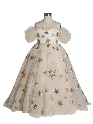 Champagne Star Tulle Flower Girls Dresses for Weddings Birthday Party Princess Children Photo Shoot Dress YEWEN