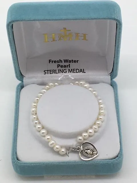 Child's Pearl Bracelet with Sterling Silver Heart shaped Miraculous Medal (4mm)