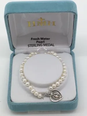Child's Pearl Bracelet with Sterling Silver Heart shaped Miraculous Medal (4mm)