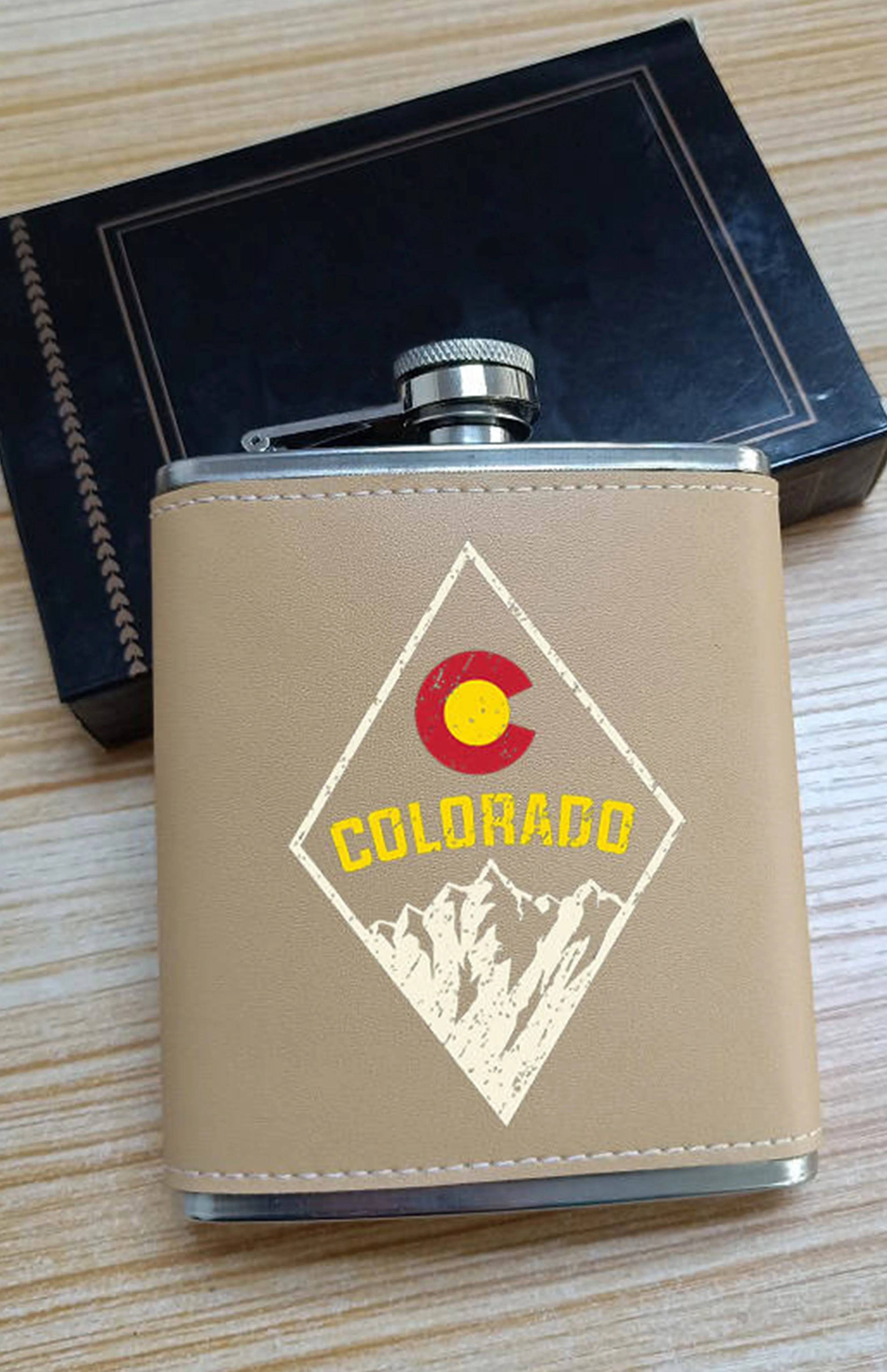 Colorado 7oz Leather Leak Proof Stainless Steel Hip Flask Desert