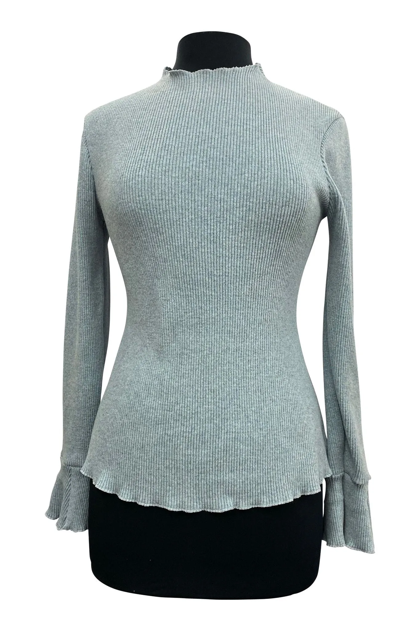 COURTNEY Lettuce Trim Neck & Bell Sleeves Ribbed Sweater