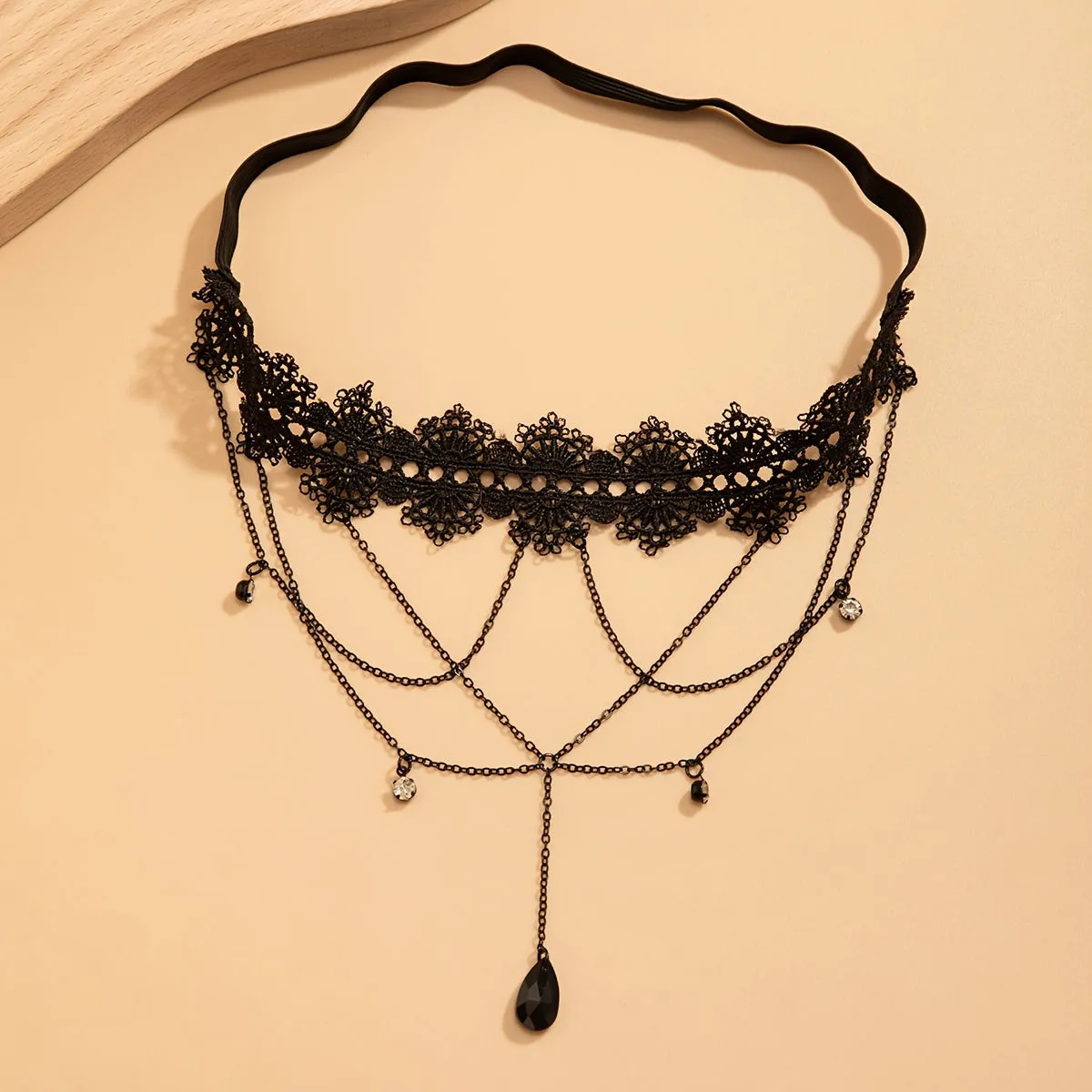 Elegant Black Lace Thigh Chain with Gothic Multi-Layer Tassels - Stretchy Band for Women, Ideal for Halloween & Thanksgiving
