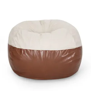 Fabric and Leather Rounded Bean Bag Easy to Beige Modern
