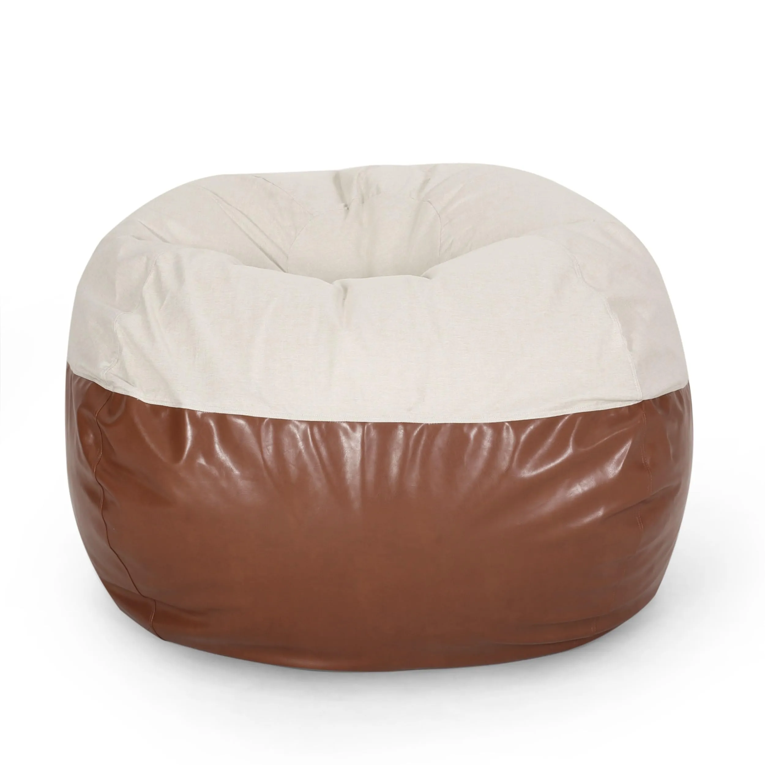 Fabric and Leather Rounded Bean Bag Easy to Beige Modern