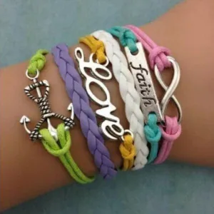 Faith, Anchor, Infinity, Love, Multi-Color Silver Friendship Bracelet