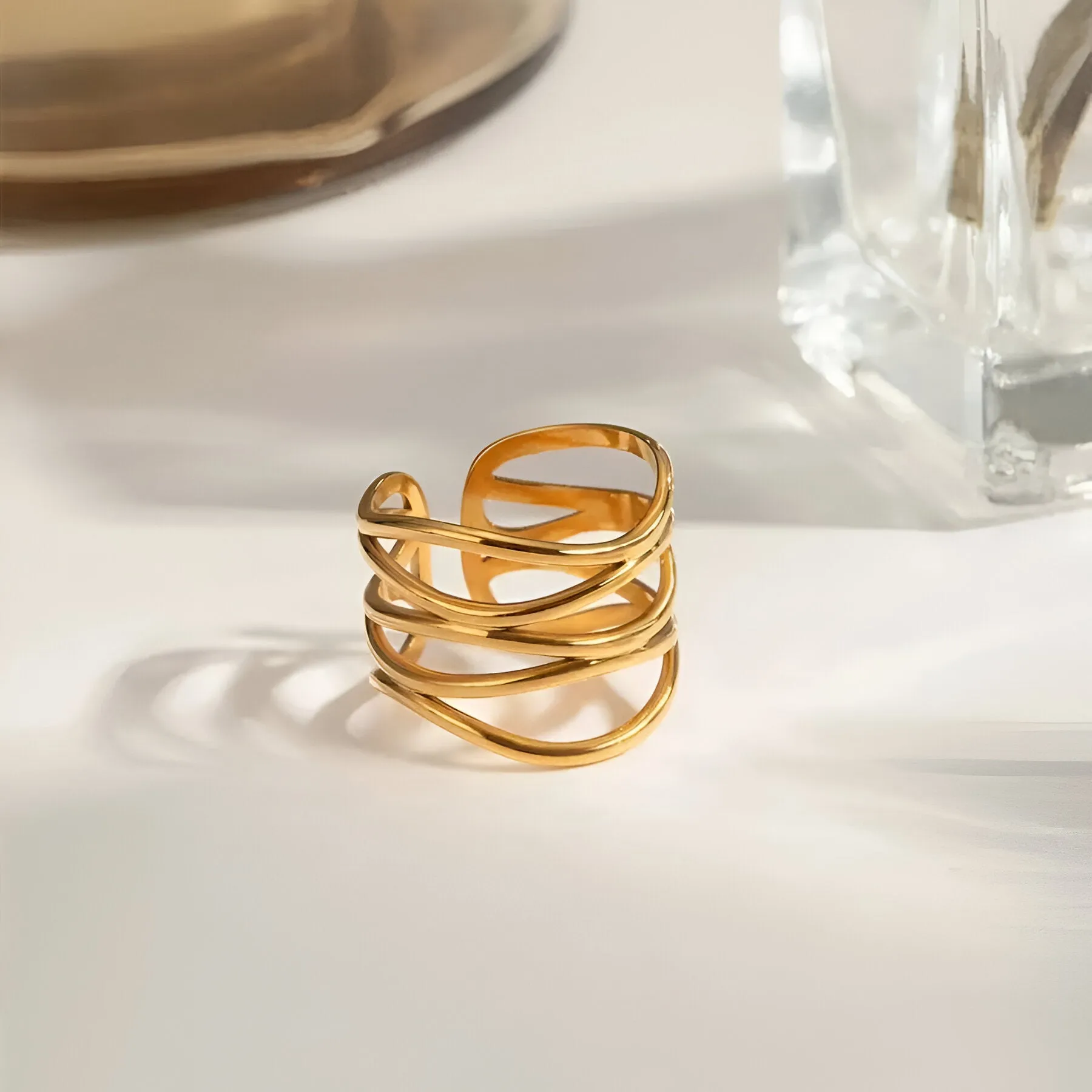 Fashion Stainless Steel Multi-Layer Hollow Open Ring 18K PVD Plated