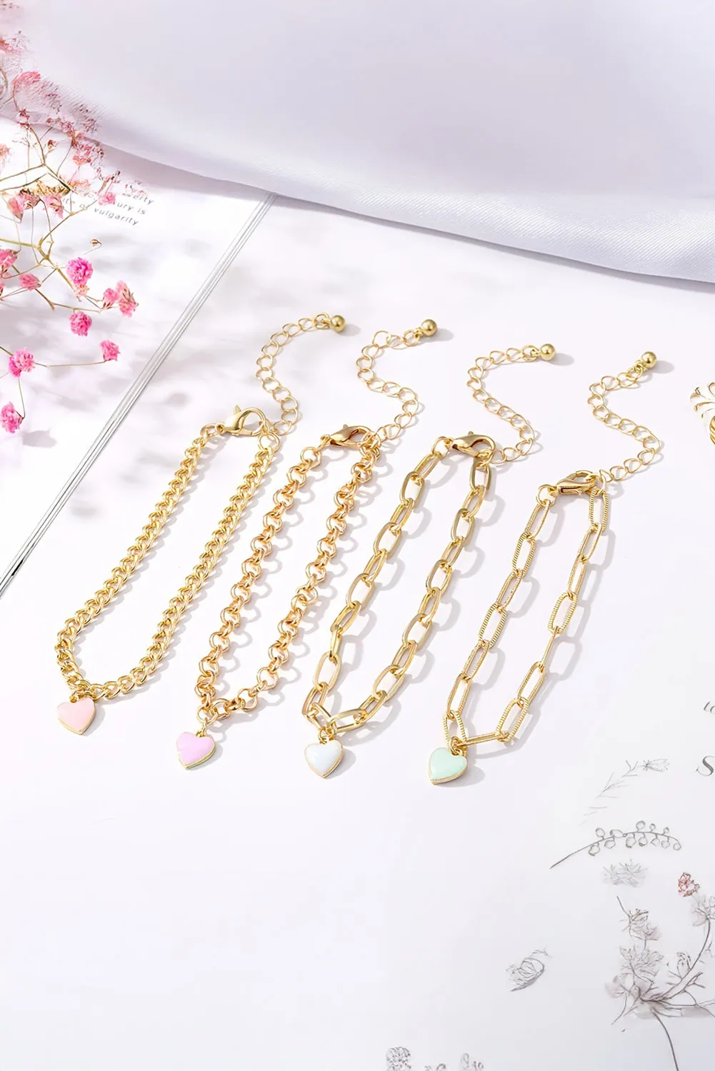 Gold Heart Charm Multi Layer Adjustable Chain Bracelet