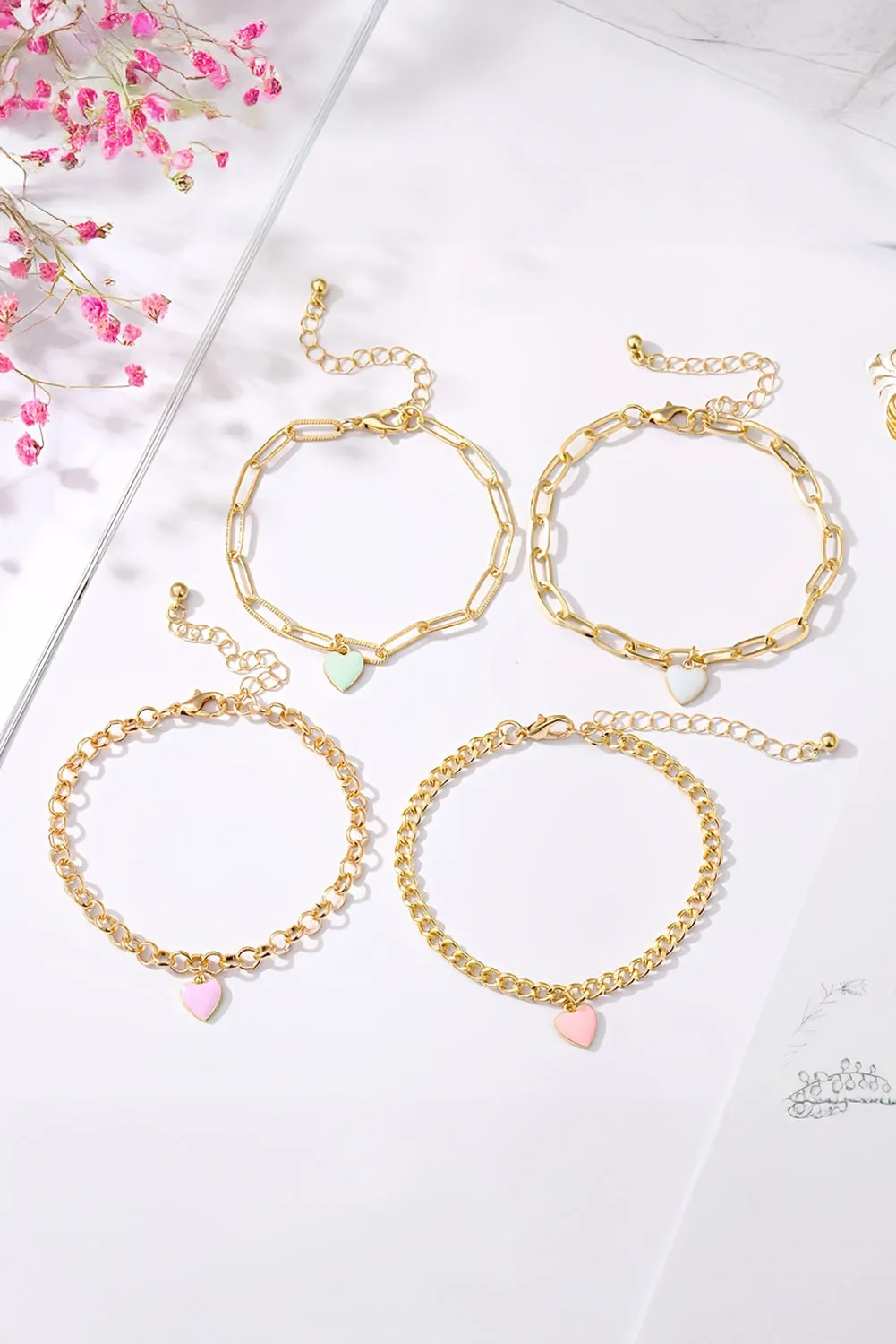 Gold Heart Charm Multi Layer Adjustable Chain Bracelet