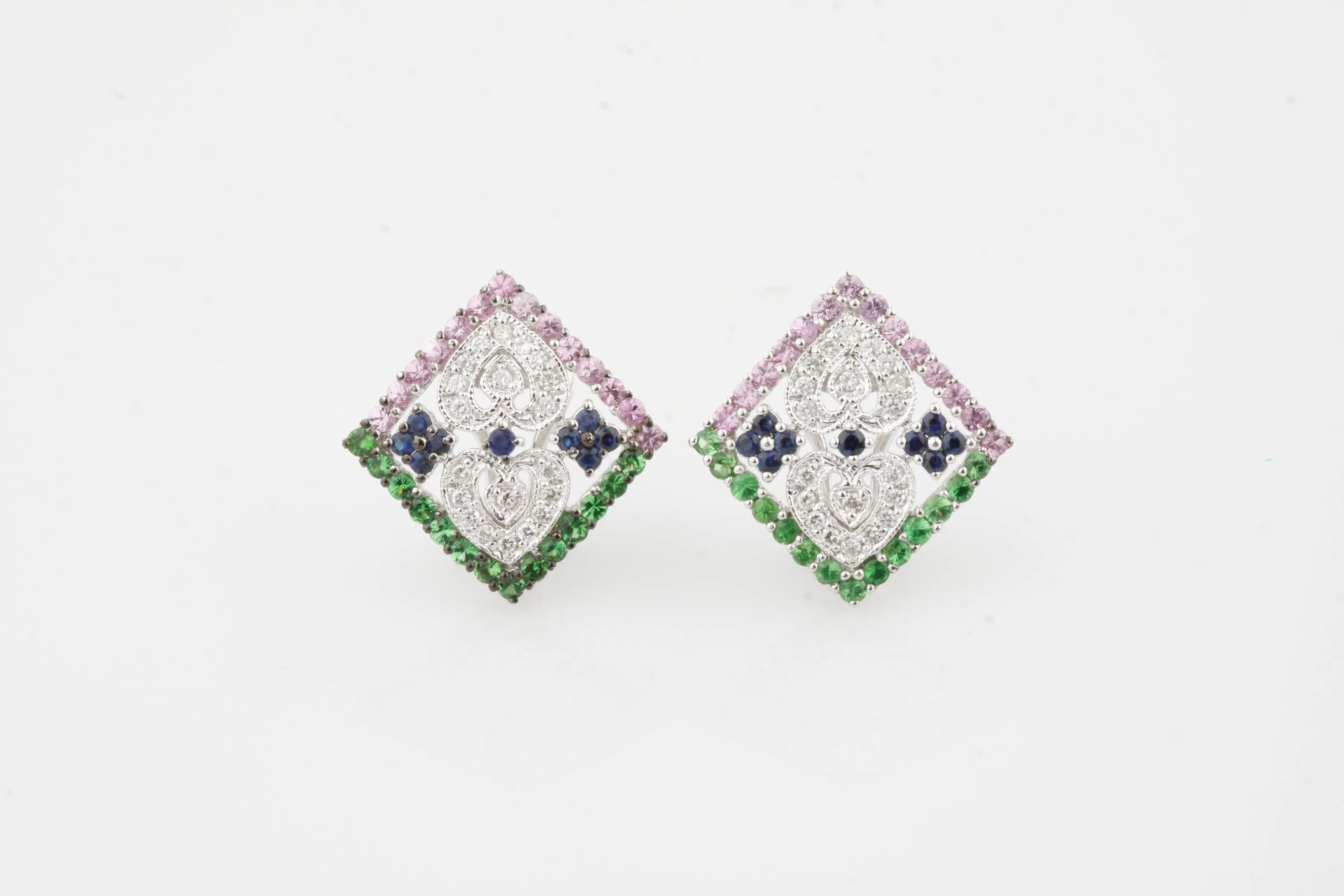 Gorgeous 14k White Gold Multi-Color Sapphire and Diamond Plaque Earrings 2.87 Ct