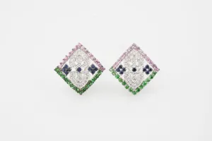 Gorgeous 14k White Gold Multi-Color Sapphire and Diamond Plaque Earrings 2.87 Ct
