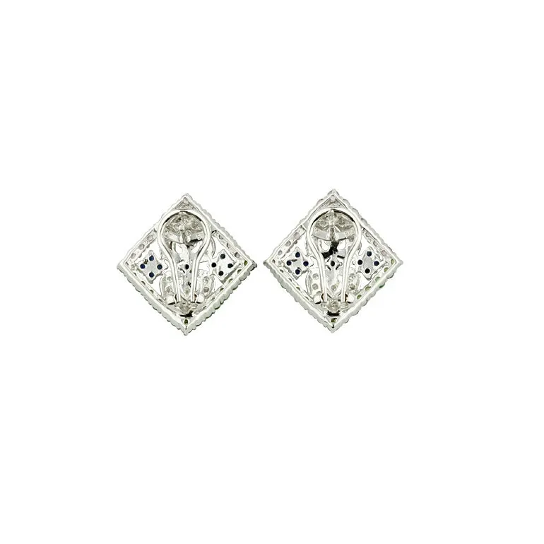 Gorgeous 14k White Gold Multi-Color Sapphire and Diamond Plaque Earrings 2.87 Ct