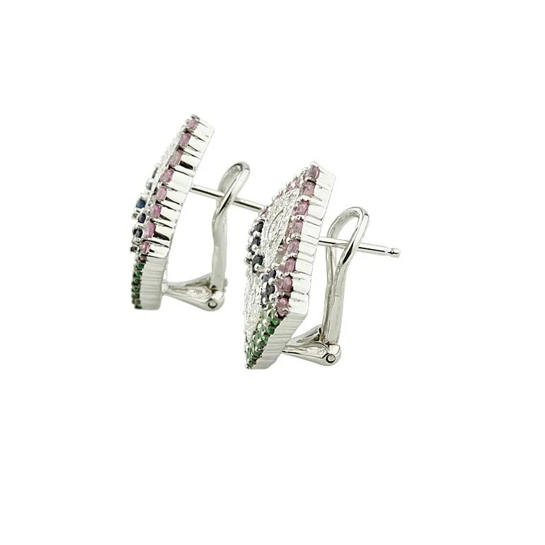 Gorgeous 14k White Gold Multi-Color Sapphire and Diamond Plaque Earrings 2.87 Ct