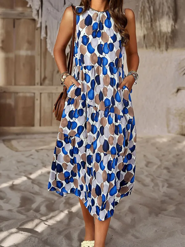 Halter Neck Floral Print Dress with Multi-Layer Design