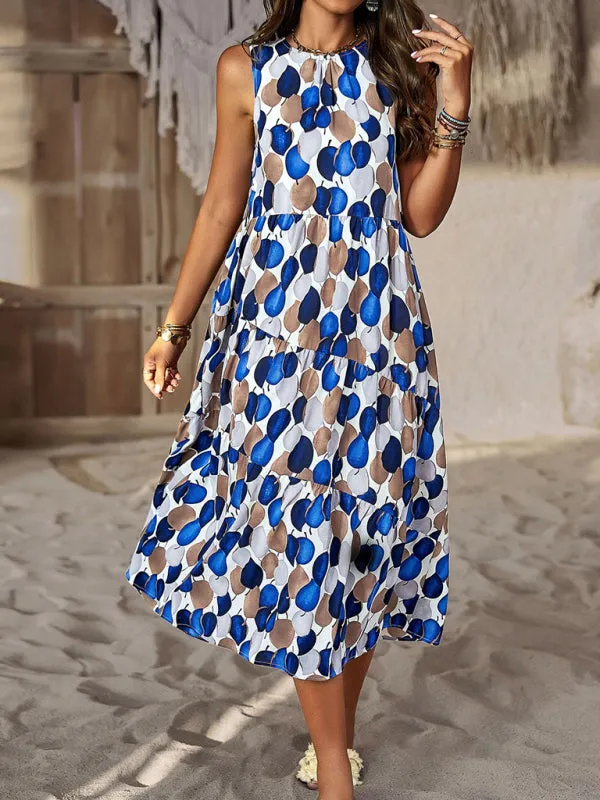 Halter Neck Floral Print Dress with Multi-Layer Design