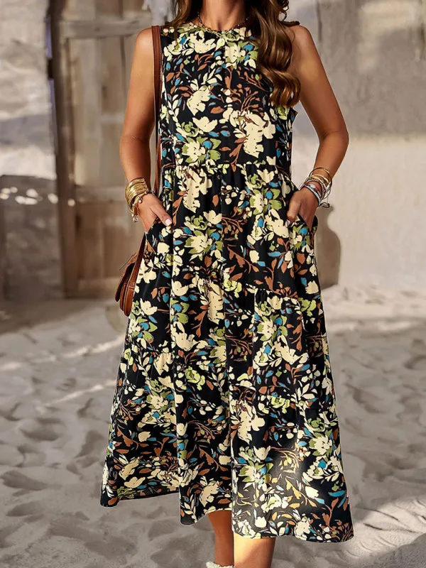 Halter Neck Floral Print Dress with Multi-Layer Design