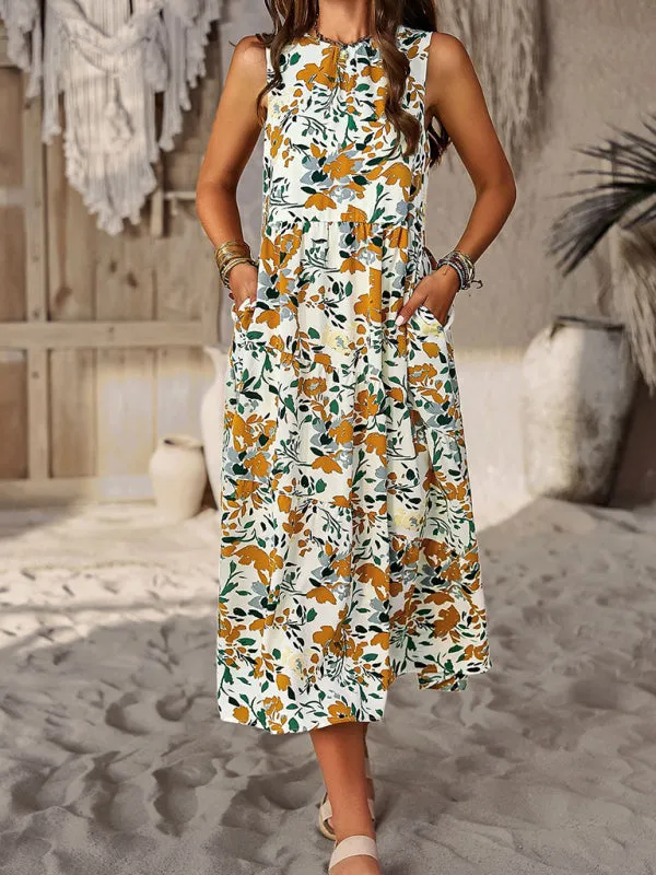 Halter Neck Floral Print Dress with Multi-Layer Design